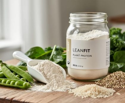 A close-up of a scoop and jar of organic plant protein powder with pea pods, hemp hearts, rice grains, and leafy greens on a wooden surface.