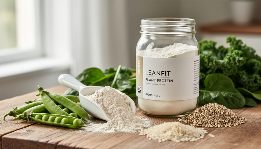 A close-up of a scoop and jar of organic plant protein powder with pea pods, hemp hearts, rice grains, and leafy greens on a wooden surface.