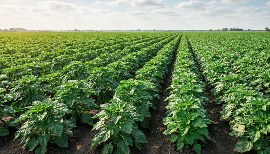Lush green crop field with dew-covered leaves under a bright sky