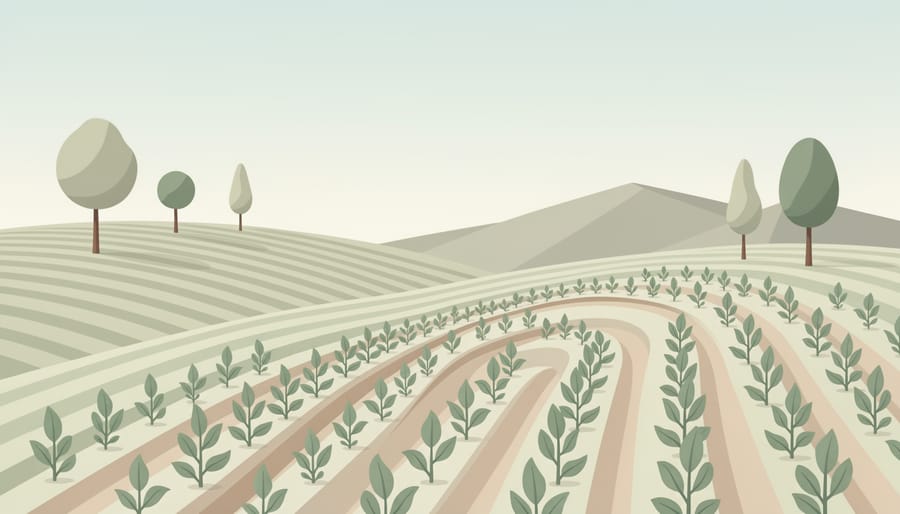 Green agricultural field with healthy plants growing from dark soil in golden hour light