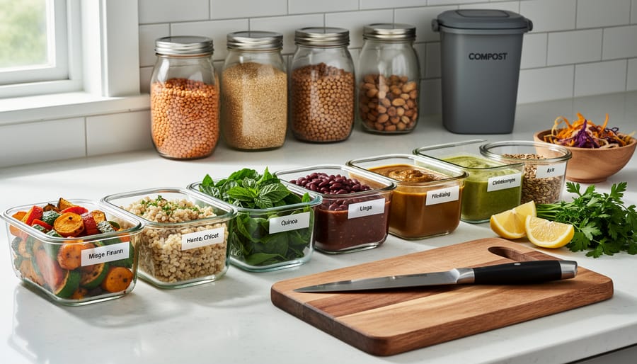 Meal-prep containers with chopped vegetables and cooked grains on a kitchen table