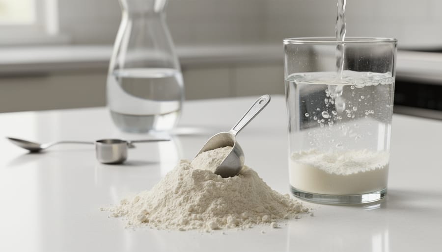 Tub and scoop of organic plant-based protein powder on a kitchen countertop with a glass of plant milk blurred in the background