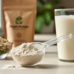 Close-up of a scoop of plant-based protein powder next to a glass of creamy protein shake with pea and brown-rice kernels nearby.