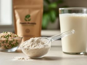 Close-up of a scoop of plant-based protein powder next to a glass of creamy protein shake with pea and brown-rice kernels nearby.