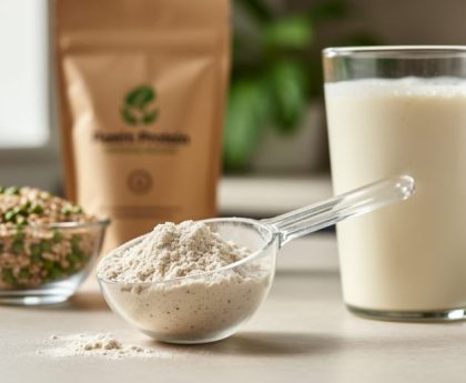 Close-up of a scoop of plant-based protein powder next to a glass of creamy protein shake with pea and brown-rice kernels nearby.