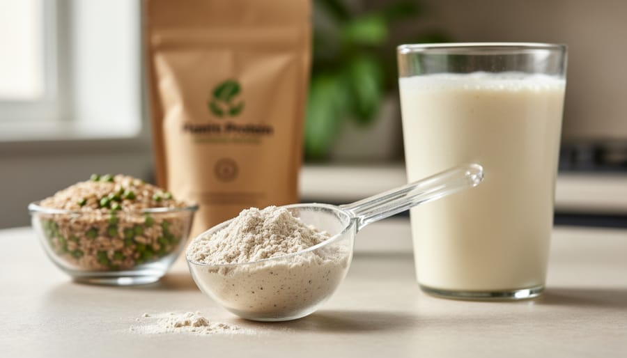 Close-up of a scoop of plant-based protein powder next to a glass of creamy protein shake with pea and brown-rice kernels nearby.