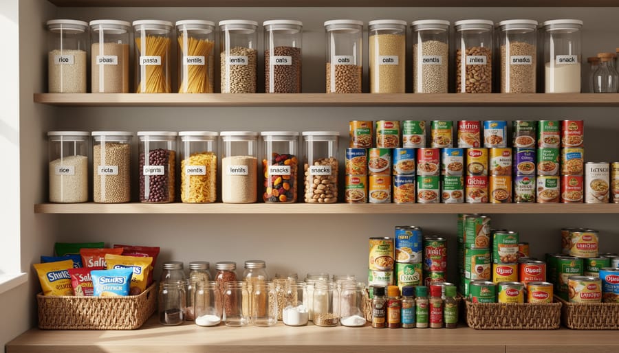 Pantry shelf with sealed preserved-food containers next to fresh produce on a kitchen shelf.