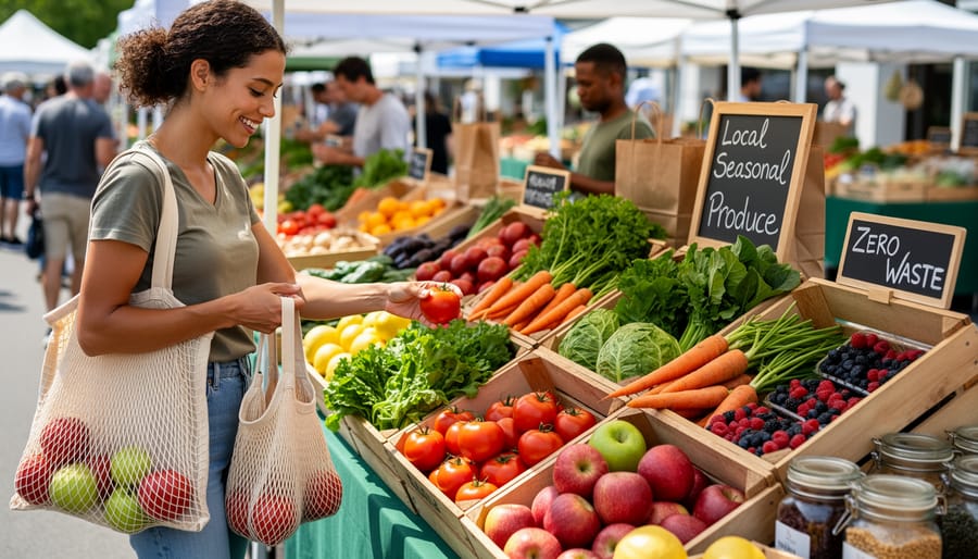 Person selecting fresh produce at a farmers market with paper bags and a compost bin in the background