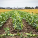 Low-angle view of an organic farm field with pea and rice plants and hints of chia seed growth representing plant-based protein sources.
