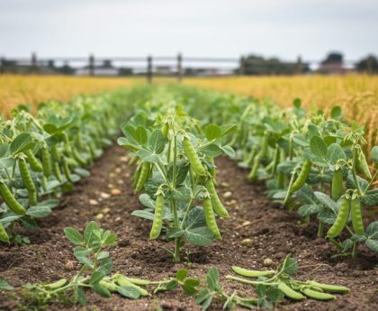 Low-angle view of an organic farm field with pea and rice plants and hints of chia seed growth representing plant-based protein sources.