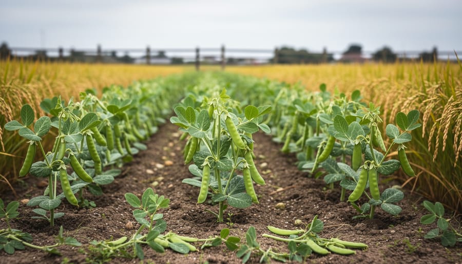 Low-angle view of an organic farm field with pea and rice plants and hints of chia seed growth representing plant-based protein sources.