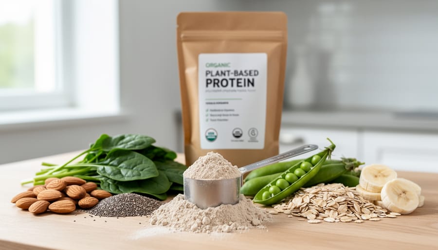 Plant-based protein powder being poured into a glass with whole organic ingredients like peas and hemp seeds nearby
