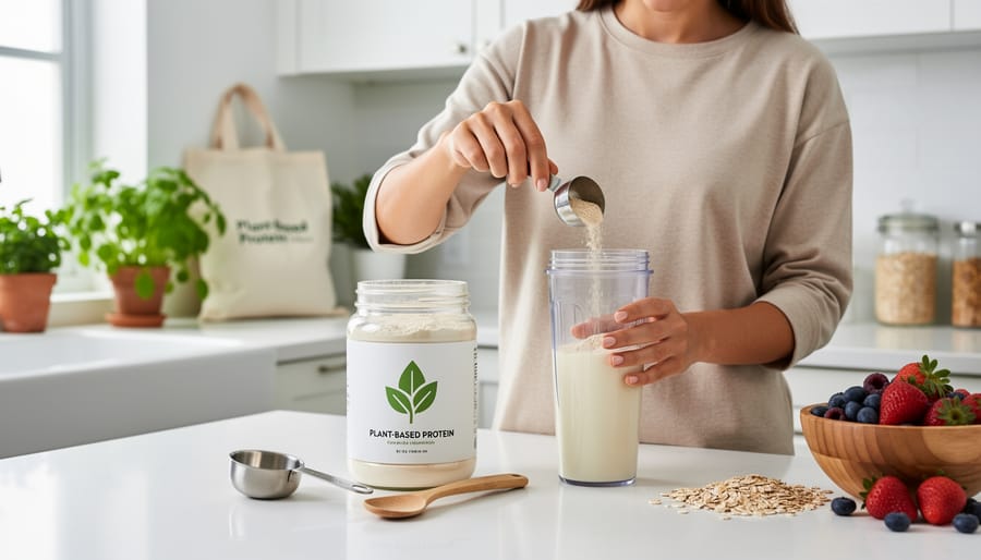 Hands adding plant-based protein powder to a reusable shaker next to a smoothie glass