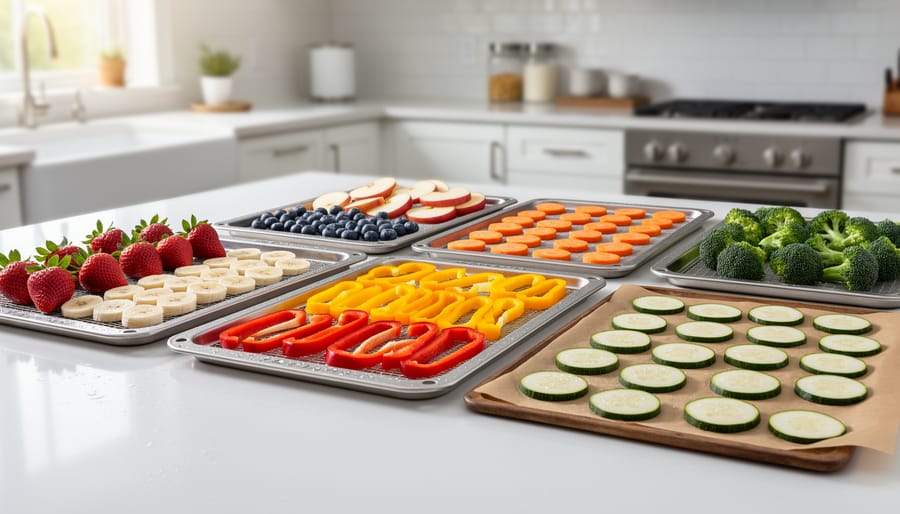 Fresh strawberries, blueberries, green beans, and sliced peaches arranged on a prep mat with a knife nearby