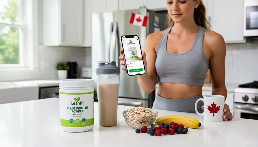 Reusable grocery bag with an unlabeled protein tub silhouette on a kitchen counter next to pantry items