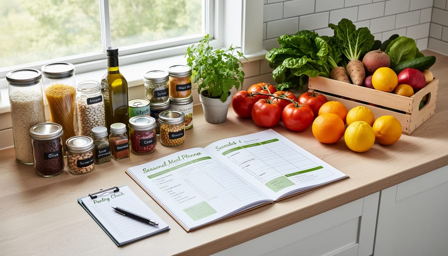 Seasonal vegetables and reusable kitchen storage organized on a countertop near a grocery list and jar of sauce