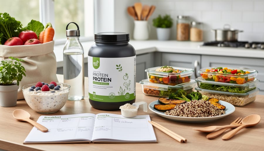 Oats, fruit, and a serving of plant-based protein powder arranged on a wooden table for sustainable meal use