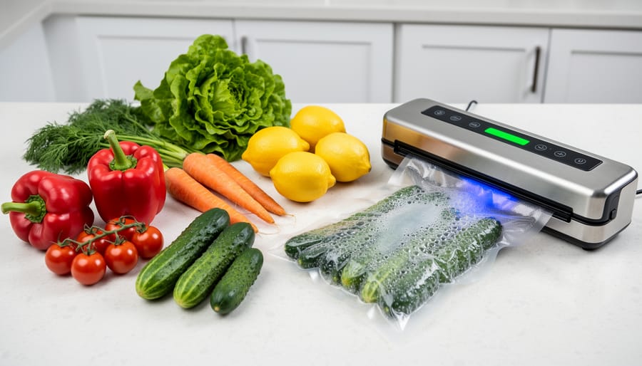 Countertop vacuum packing machine with freshly cut strawberries, greens, and peppers on a kitchen counter