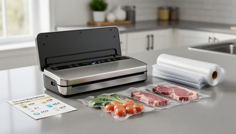 Eco-friendly vacuum bags being placed into a vacuum packing machine on a kitchen countertop
