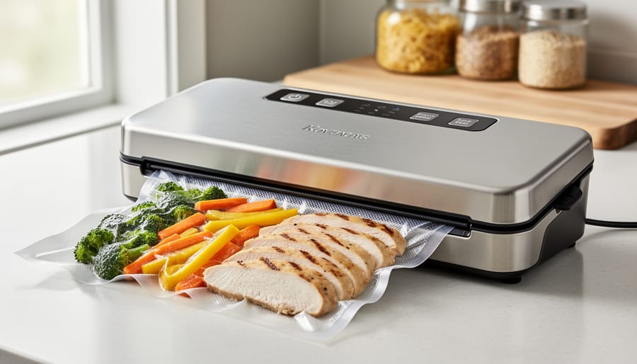 Stainless-steel vacuum packing machine sealing a clear bag of prepared food on a kitchen countertop under soft natural light.